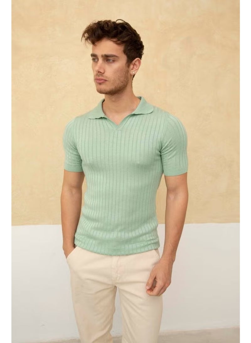 Cool Tarz Cool Style Men's Ribbed Polo Neck Knit T-Shirt - Image 3